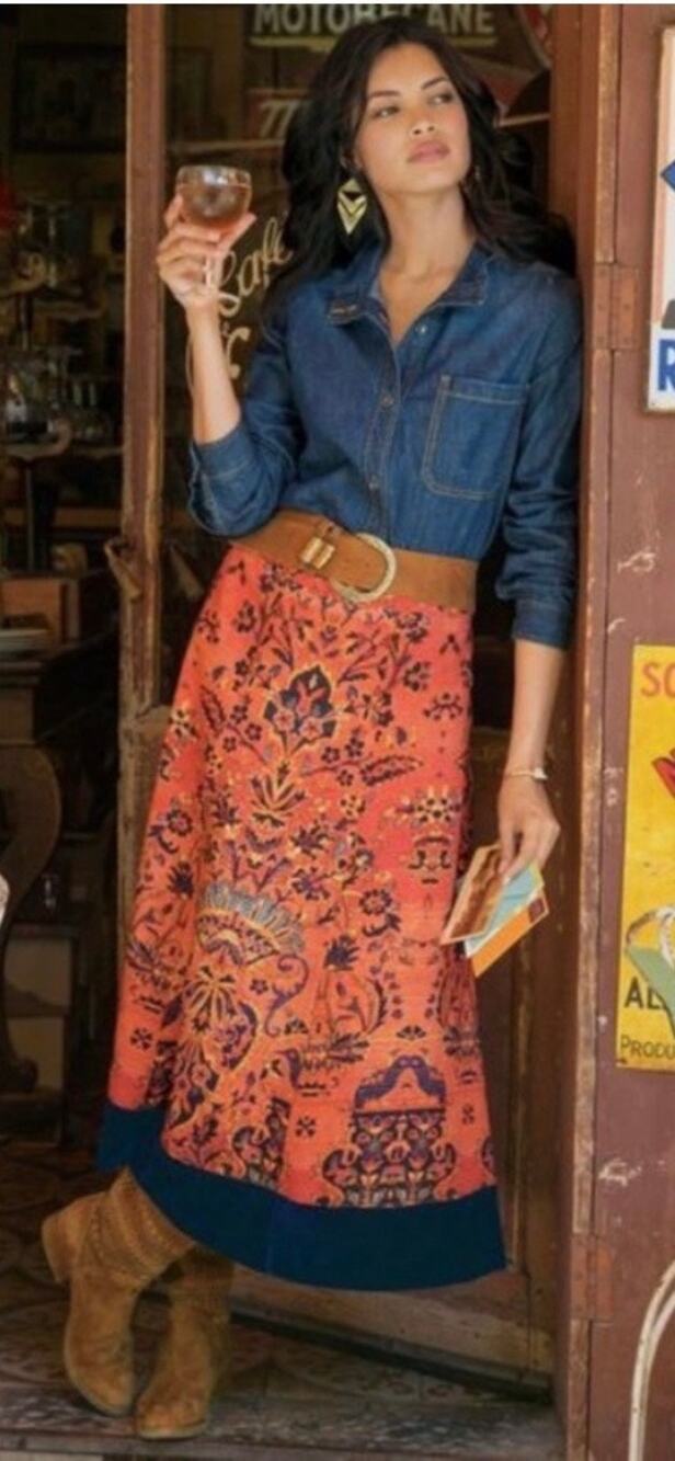 Soft Surroundings Size XS Orange Baroque Print Blue Velvet Hem A-Line Midi Skirt
